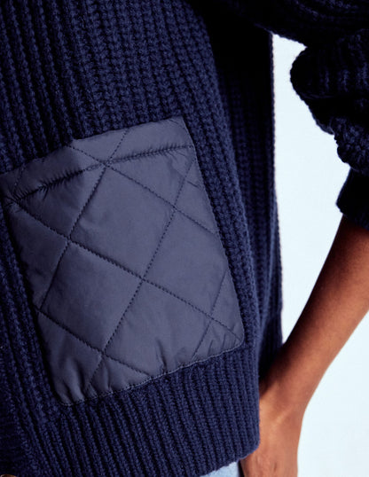 Short Quilted Knitted Jacket-Navy-3