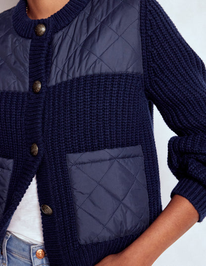Short Quilted Knitted Jacket-Navy-4