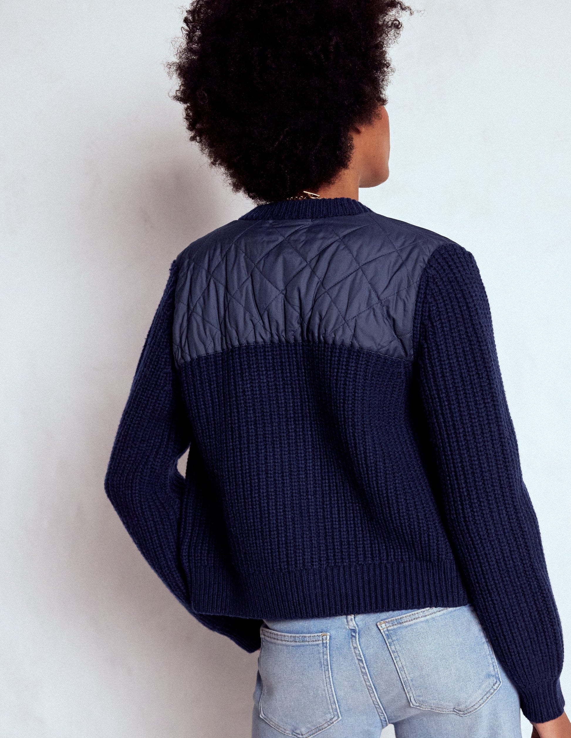 Short Quilted Knitted Jacket-Navy-5