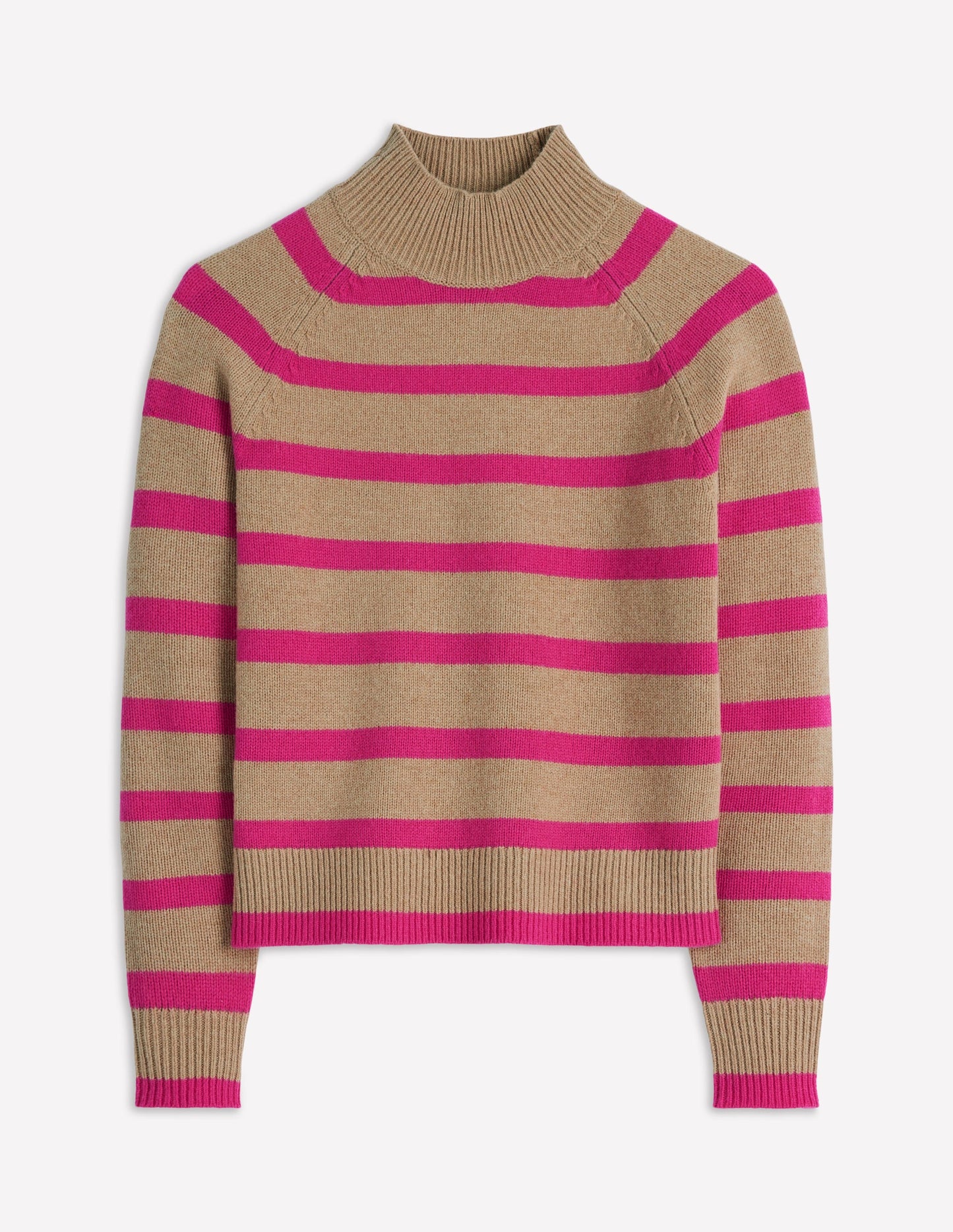Marion Merino High Neck Jumper-Camel, Brilliant Pink Stripe