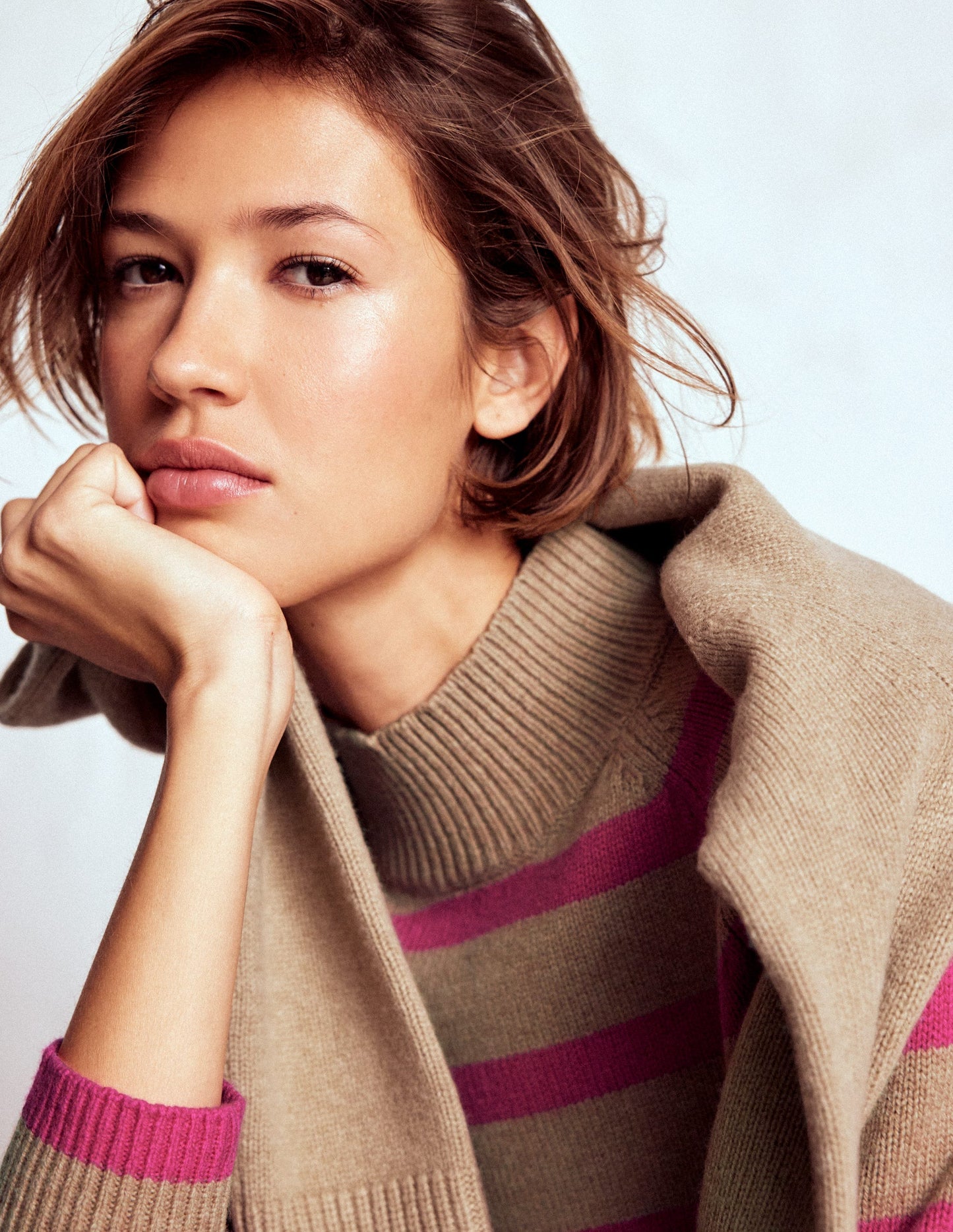 Marion Merino High Neck Jumper-Camel, Brilliant Pink Stripe