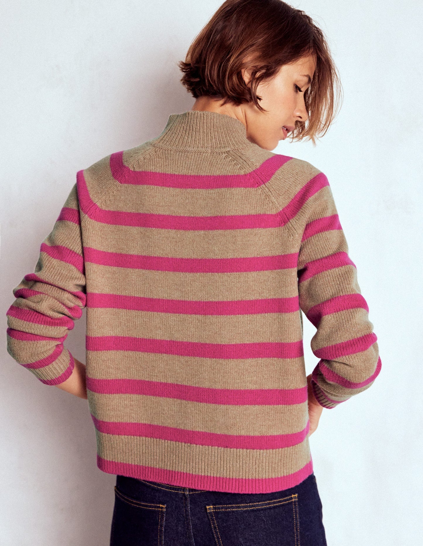 Marion Merino High Neck Jumper-Camel, Brilliant Pink Stripe