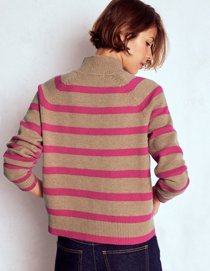Marion Merino High Neck Jumper-Camel, Brilliant Pink Stripe-3
