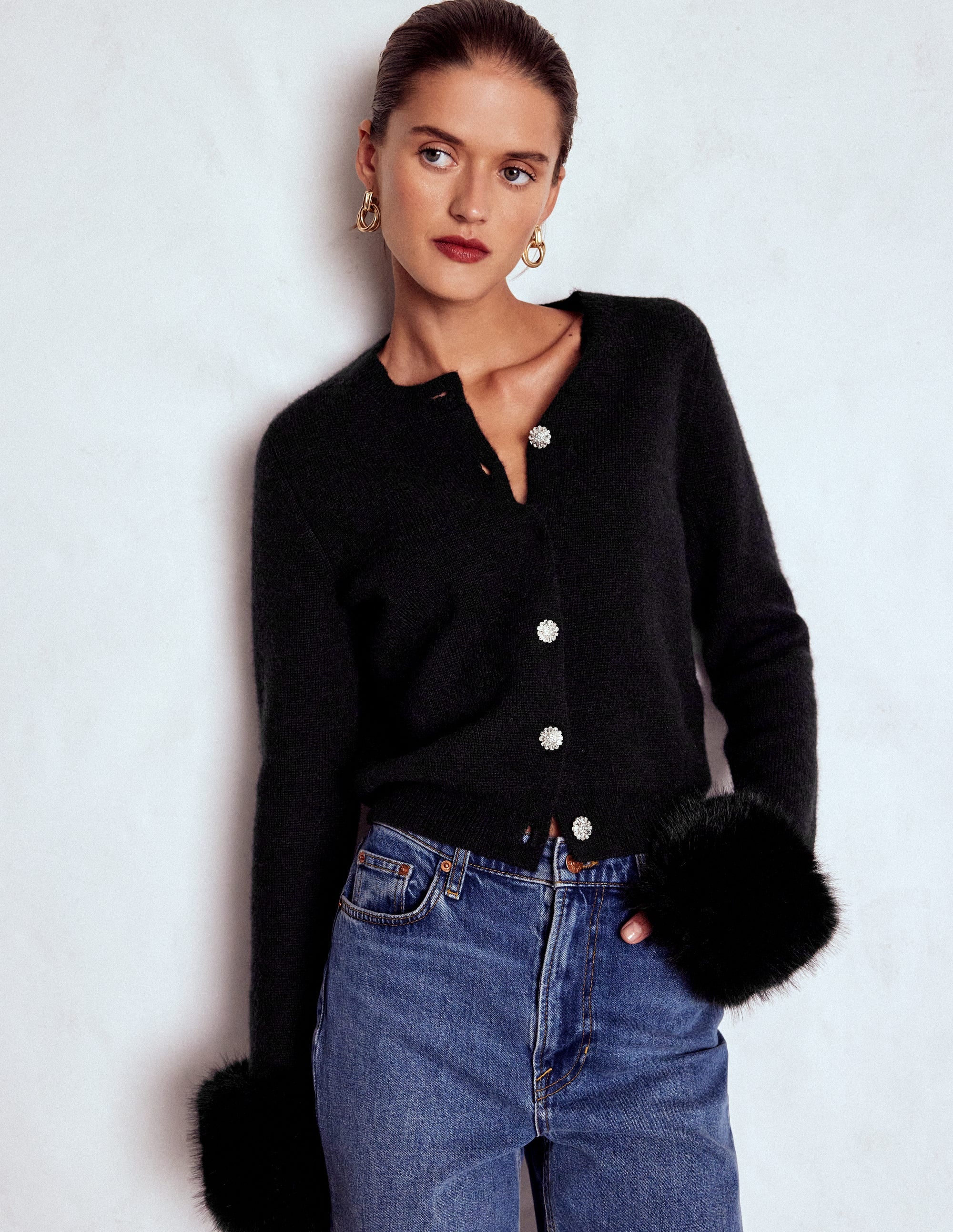 Fur Trim Cardigan-Black - Image 1
