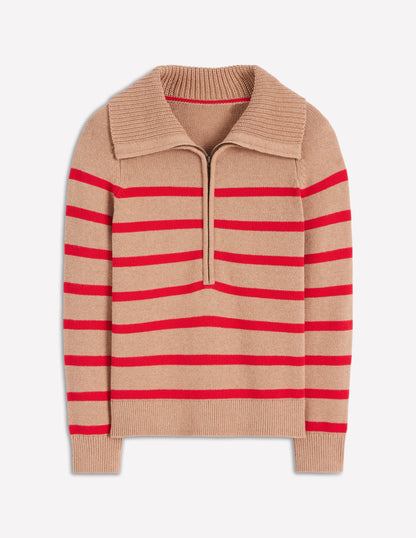 Lucy Half-zip Jumper-Camel Melange, Red Stripe-5
