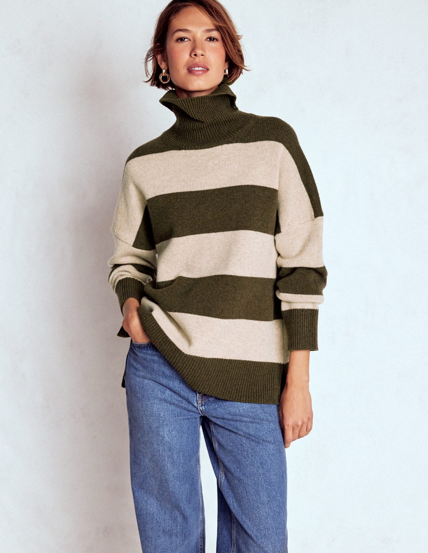 Polly Merino Roll Neck Jumper-Marsh, Linen Stripe
