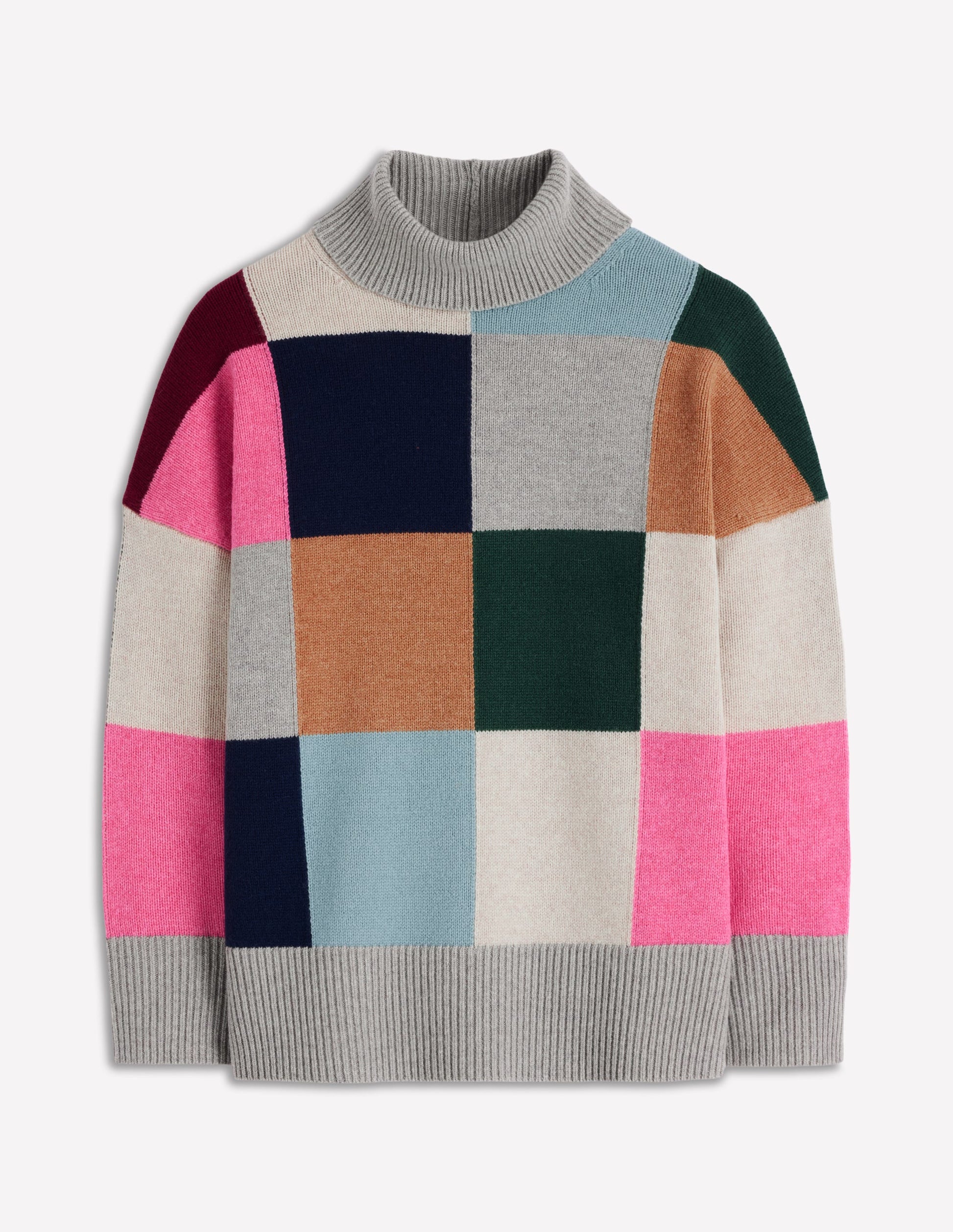 Polly Merino Roll Neck Jumper-Grey Marl Check-7