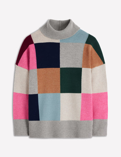 Polly Merino Roll Neck Jumper-Grey Marl Check-7