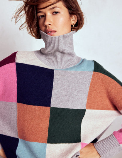 Polly Merino Roll Neck Jumper-Grey Marl Check-1