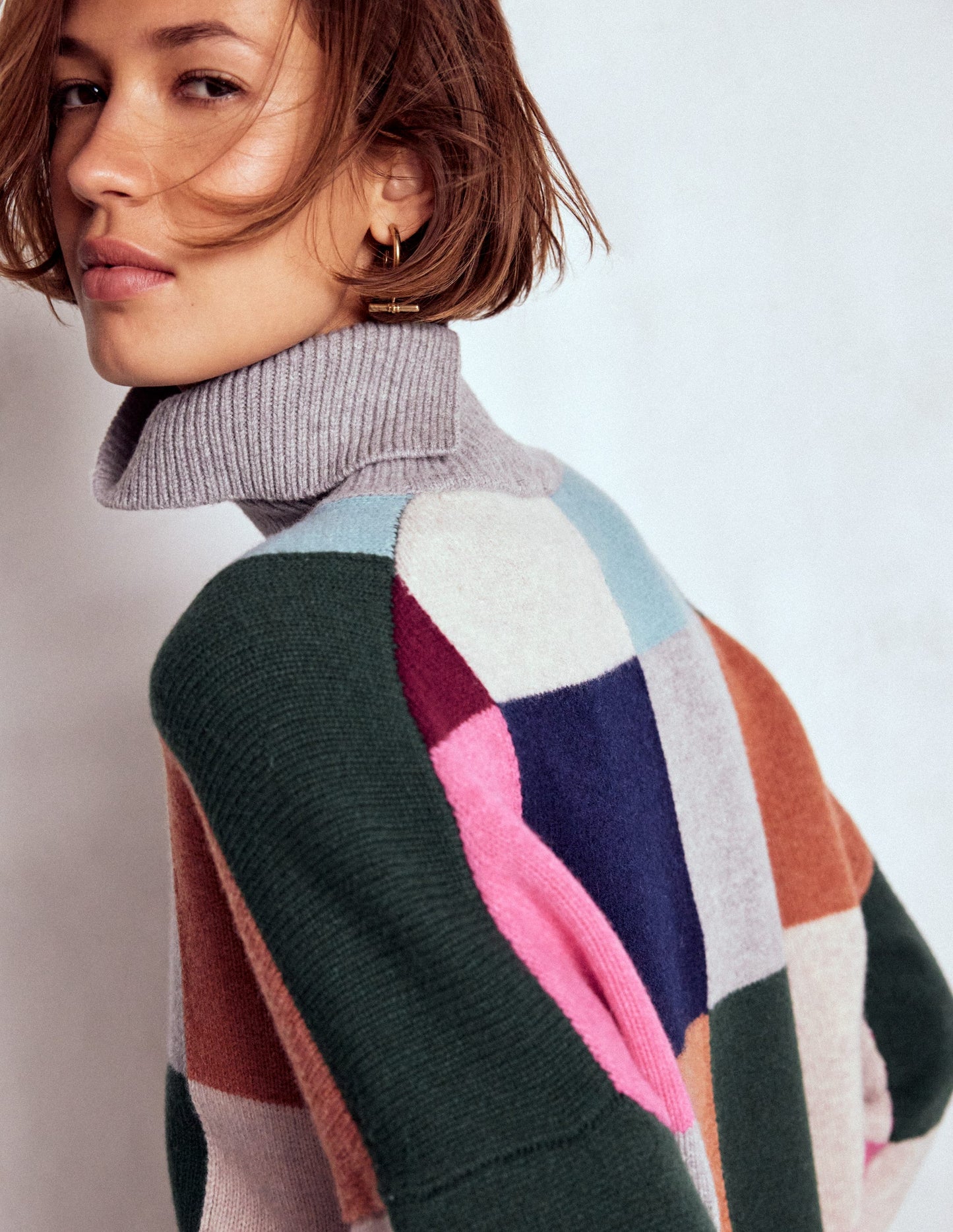 Polly Merino Roll Neck Jumper-Grey Marl Check