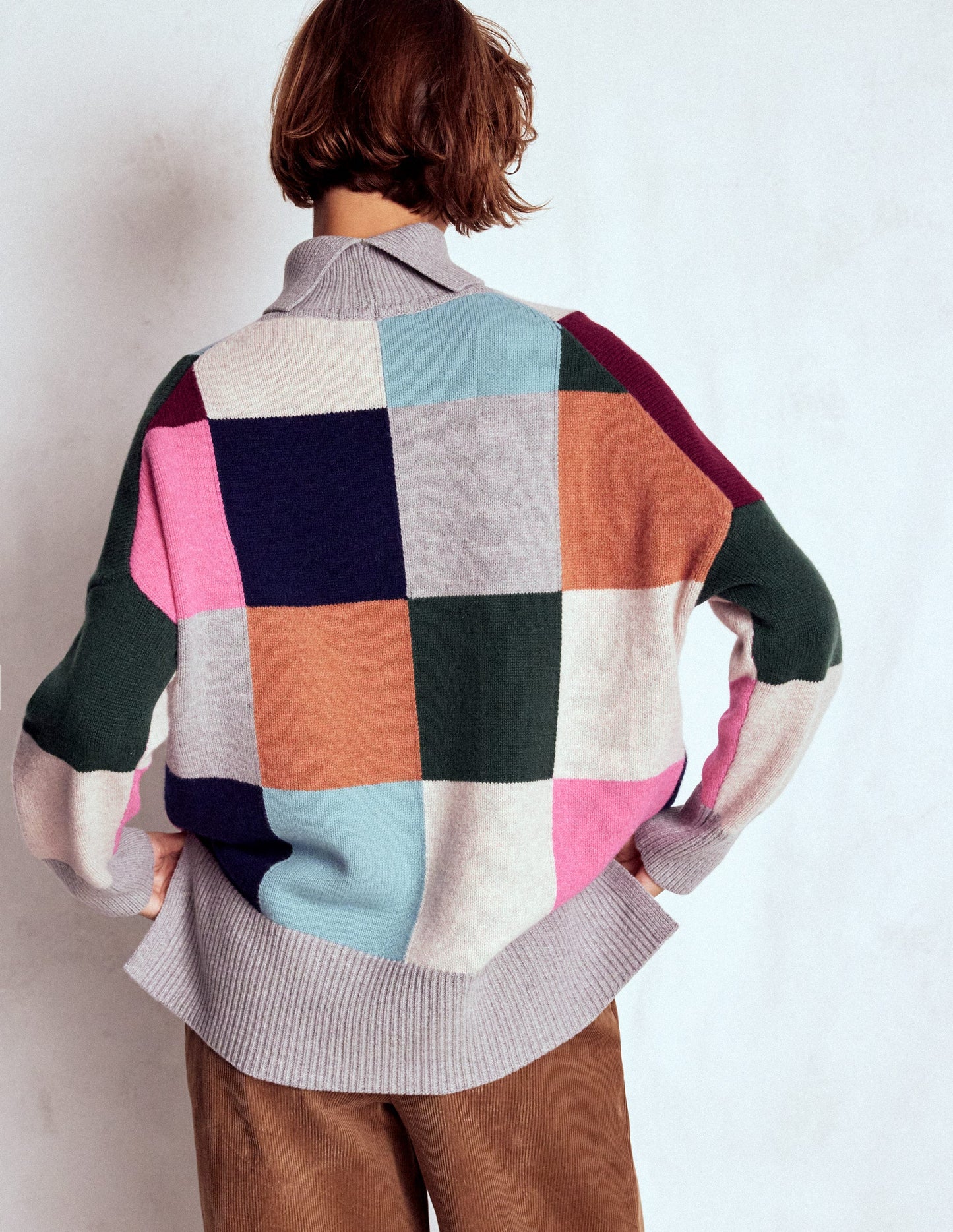 Polly Merino Roll Neck Jumper-Grey Marl Check