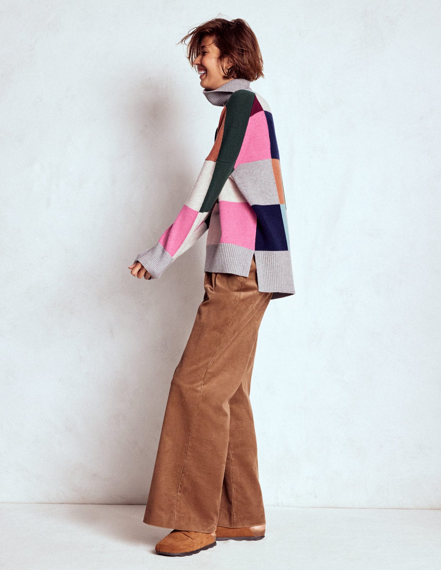 Polly Merino Roll Neck Jumper-Grey Marl Check