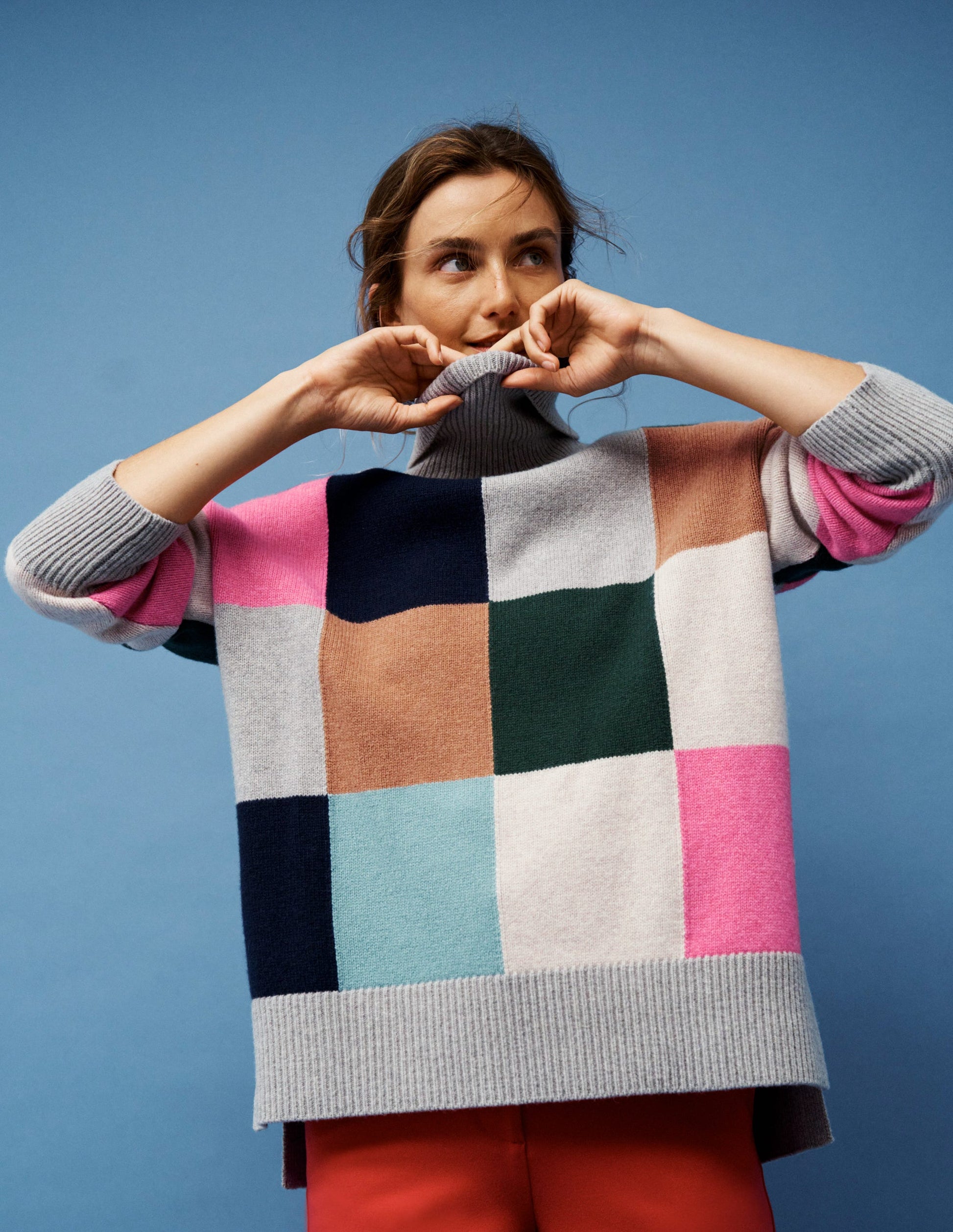 Polly Merino Roll Neck Jumper-Grey Marl Check-6