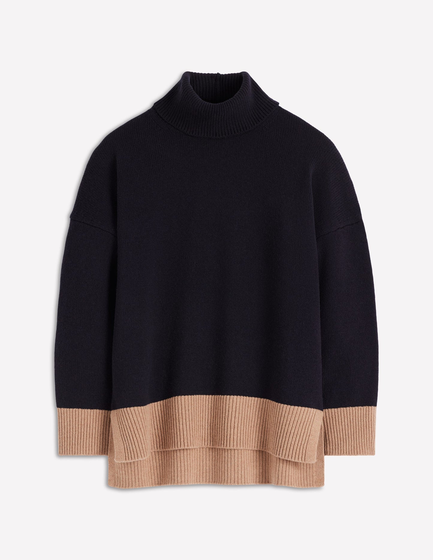 Polly Merino Roll Neck Jumper-Navy, Warm Taupe Colour Block
