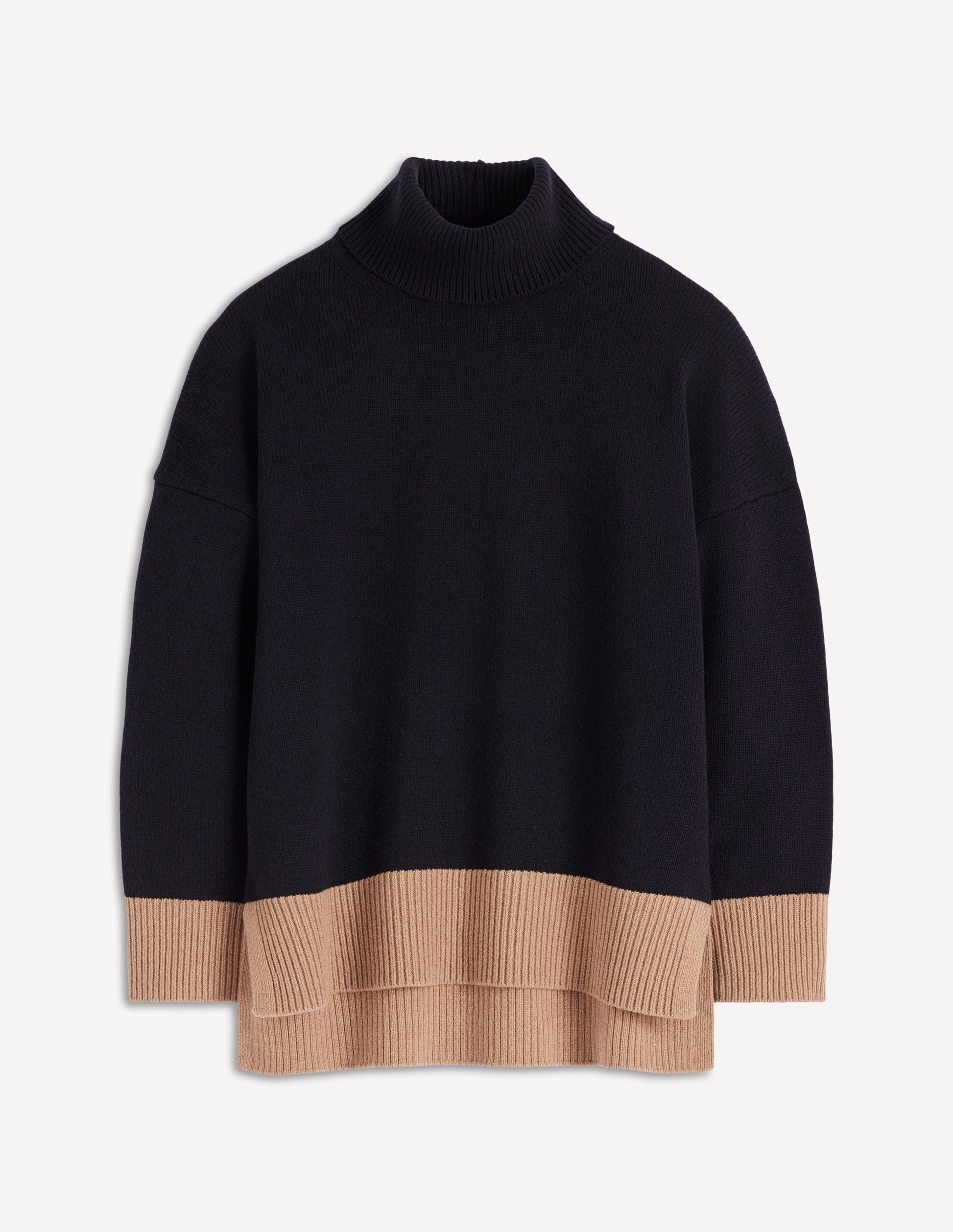Polly Merino Roll Neck Jumper-Navy, Warm Taupe Colour Block-7