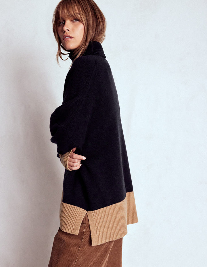 Polly Merino Roll Neck Jumper-Navy, Warm Taupe Colour Block