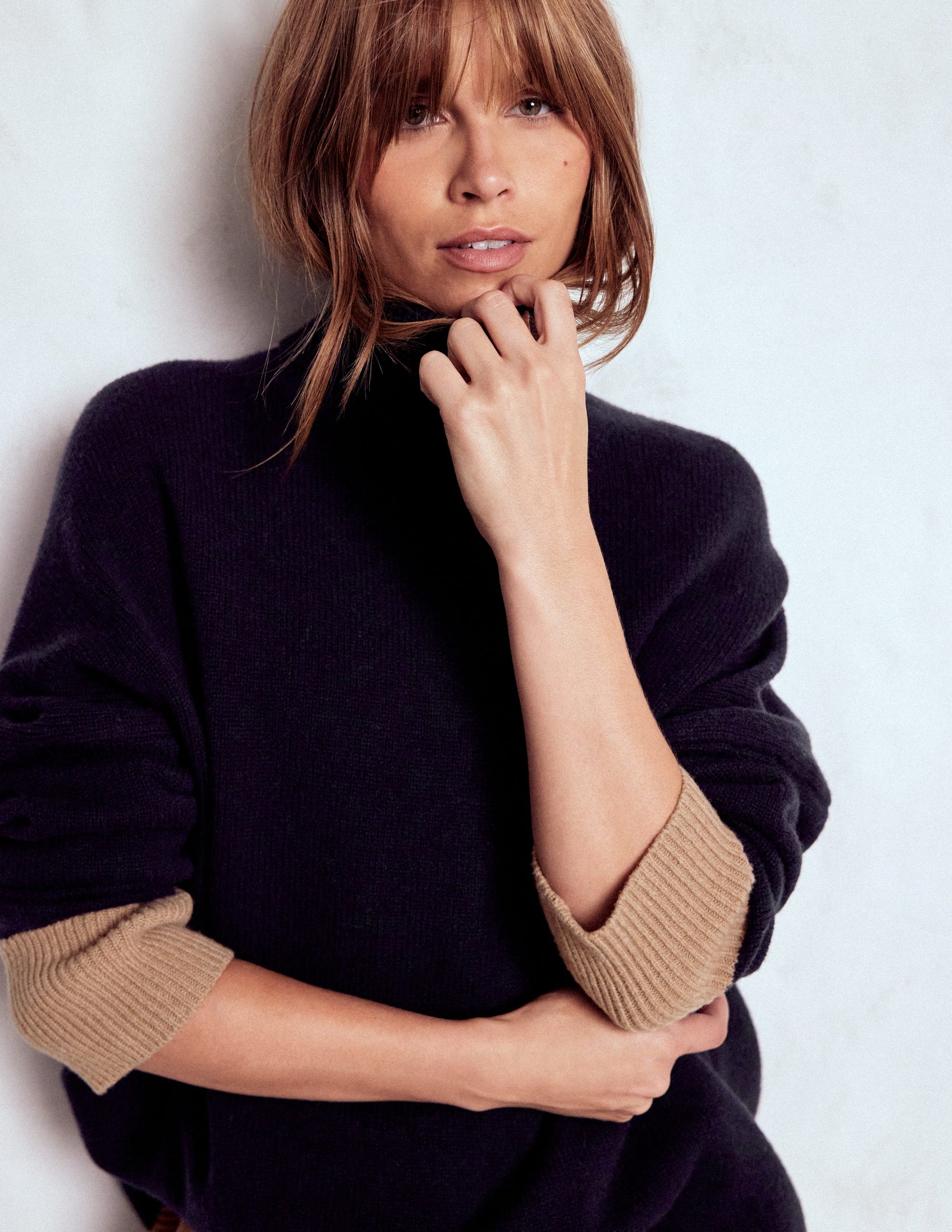 Polly Merino Roll Neck Jumper-Navy, Warm Taupe Colour Block-2