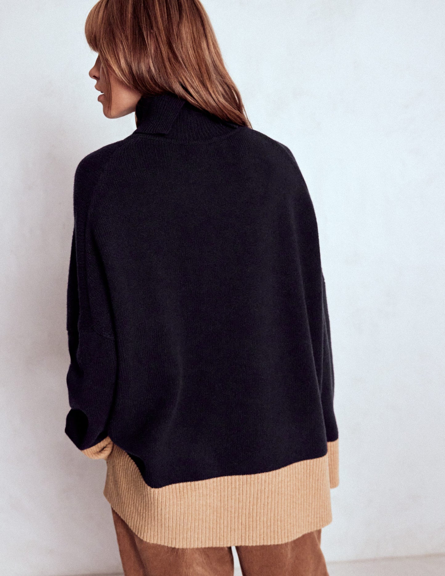 Polly Merino Roll Neck Jumper-Navy, Warm Taupe Colour Block