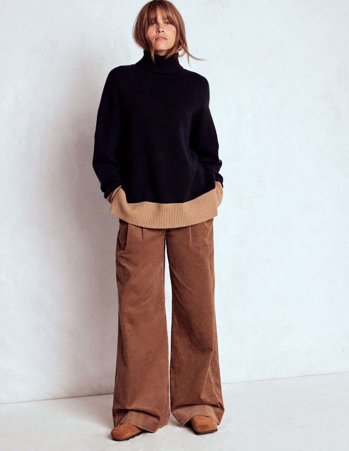 Polly Merino Roll Neck Jumper-Navy, Warm Taupe Colour Block