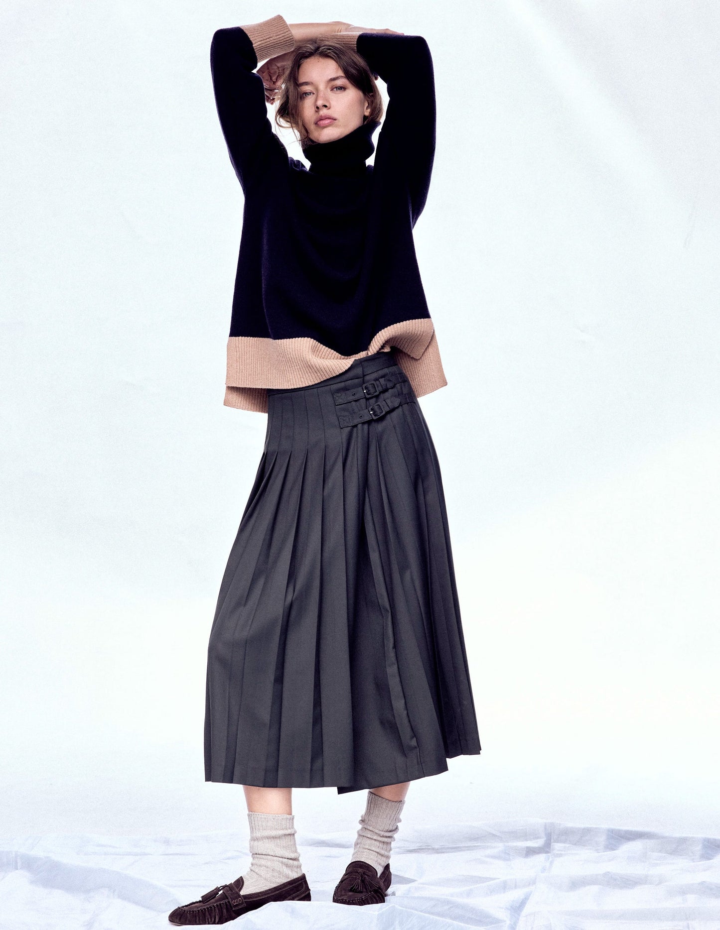 Polly Merino Roll Neck Jumper-Navy, Warm Taupe Colour Block