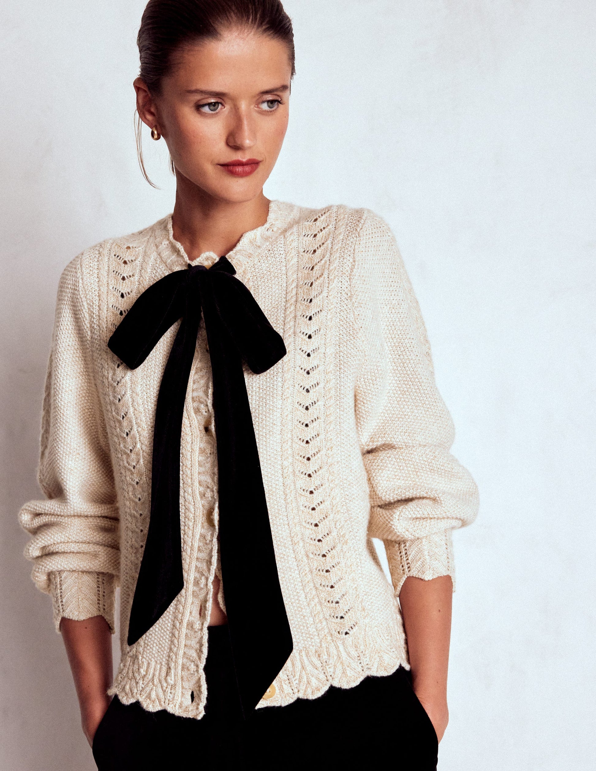 Velvet Bow Cable Cardigan-Gold Sparkle-1