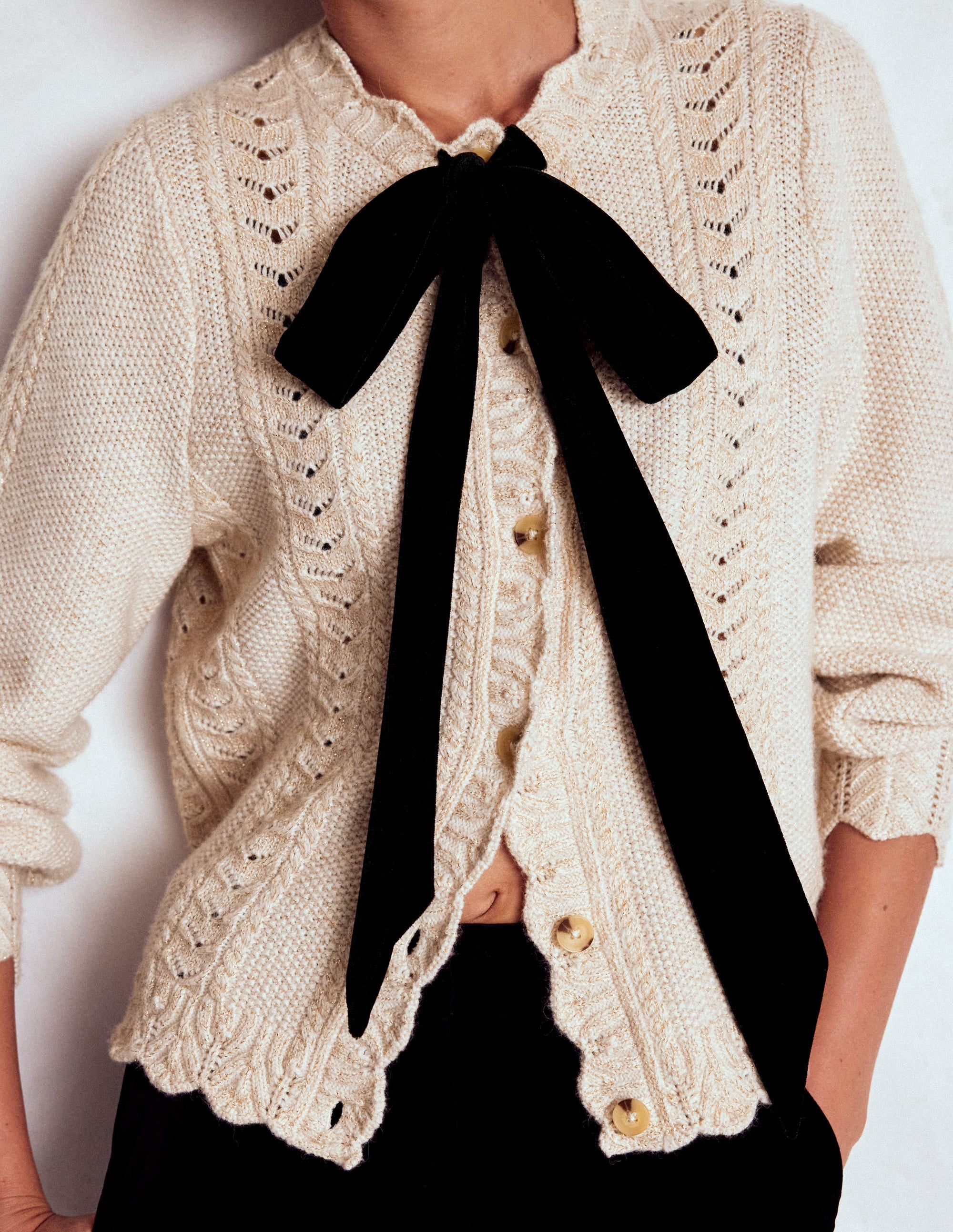 Velvet Bow Cable Cardigan-Gold Sparkle - Image 2