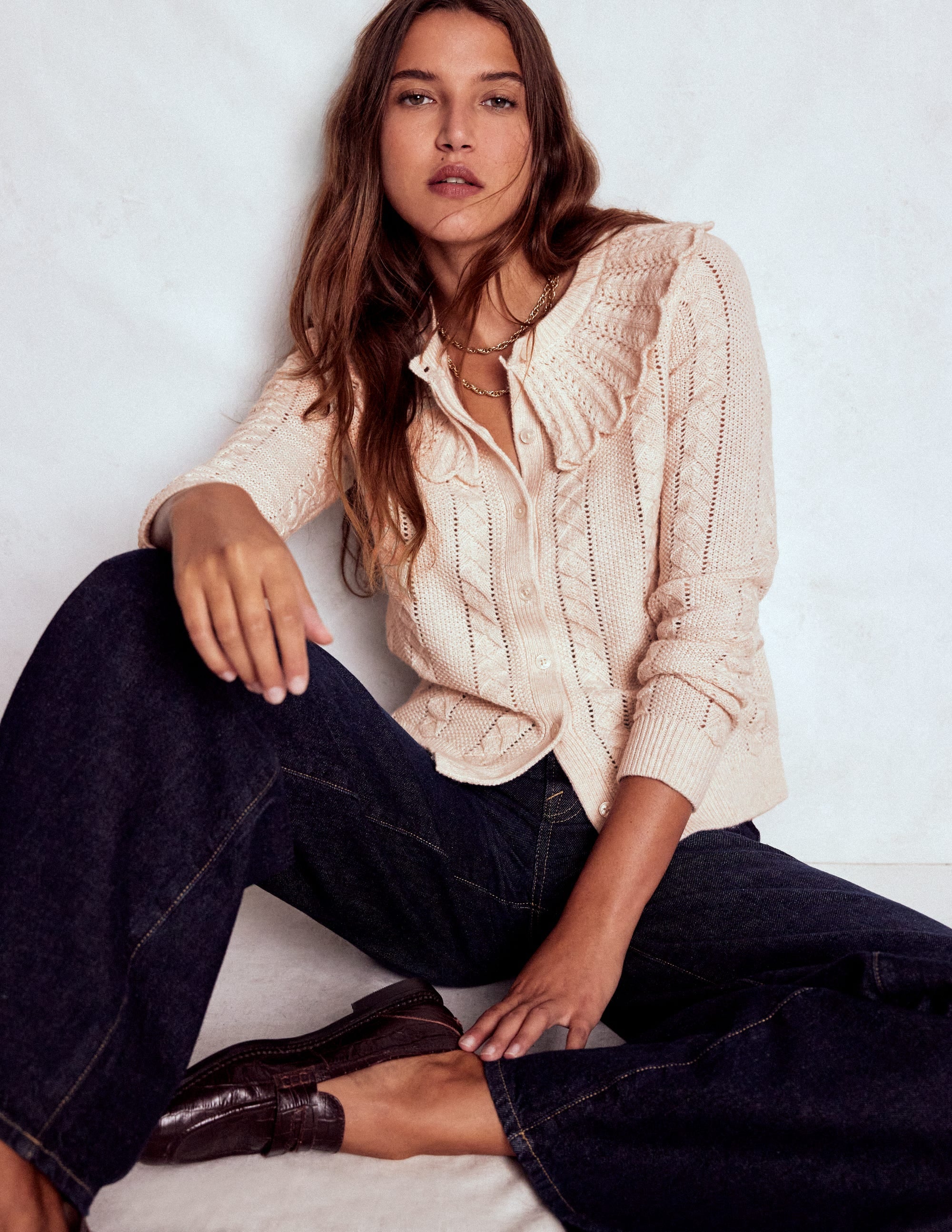 Scallop Collar Cardigan-Warm Ivory Melange - Image 1