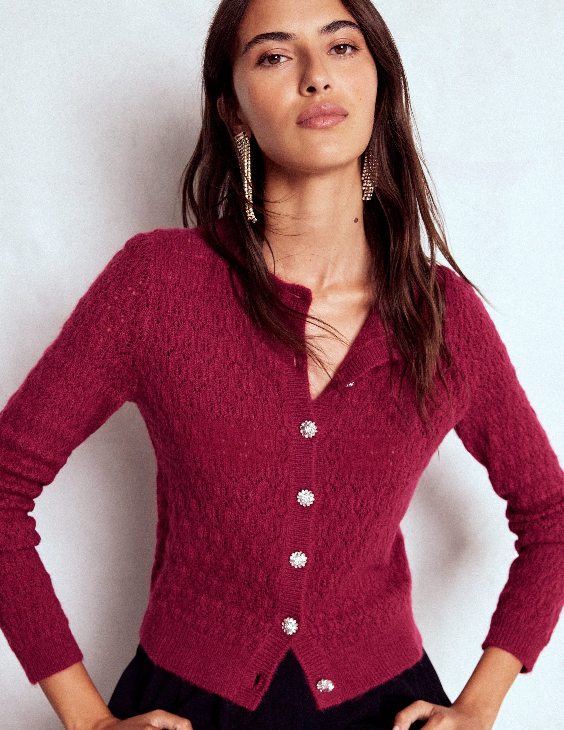 Jewel Button Cardigan-Ruby Red-4