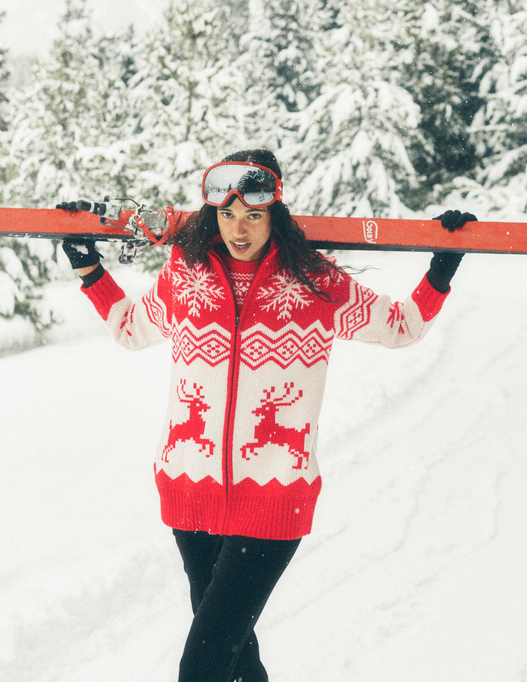 Zip Up Jacquard Cardigan-Poppy Red Reindeer - Image 7