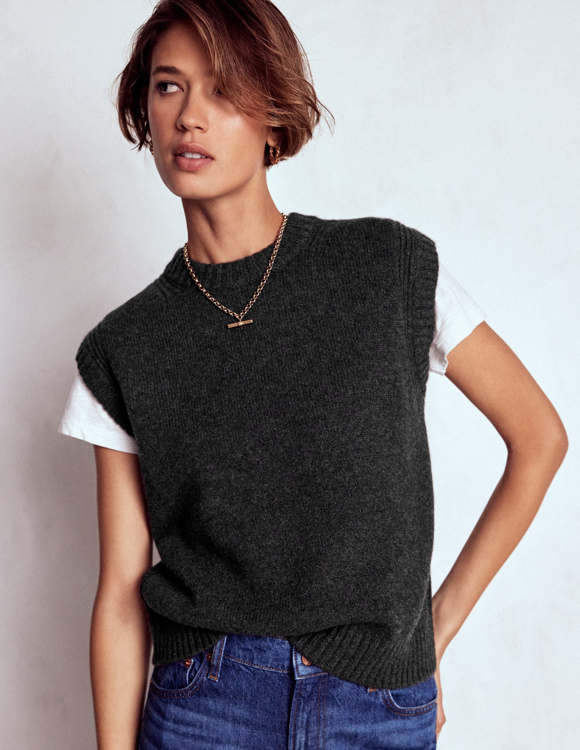 Cashmere Ribbed Trim Tank-Charcoal Melange - Image 1