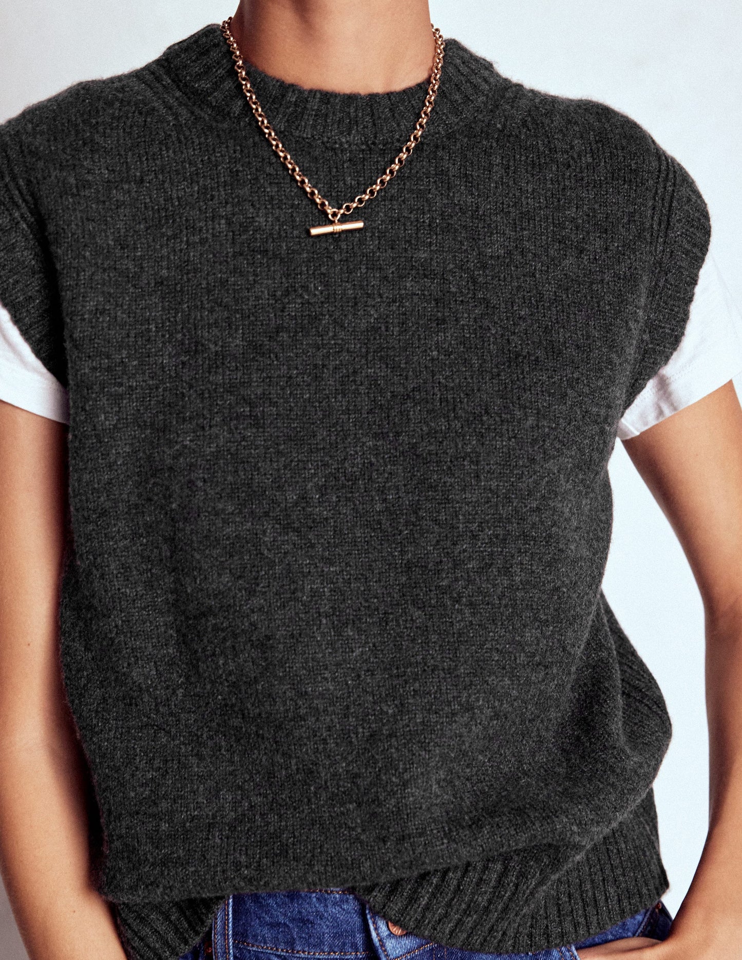 Cashmere Ribbed Trim Tank-Charcoal Melange