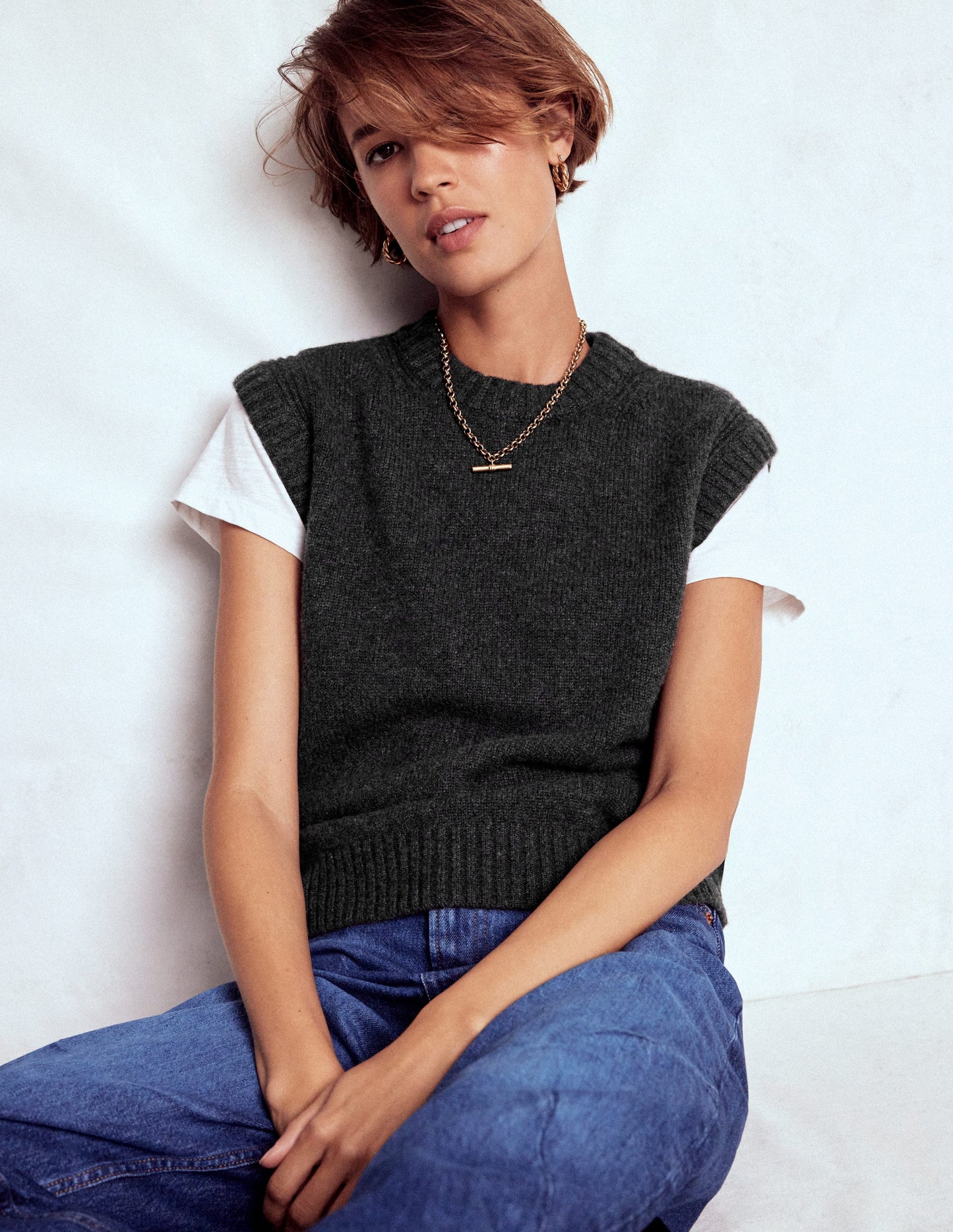 Cashmere Ribbed Trim Tank-Charcoal Melange