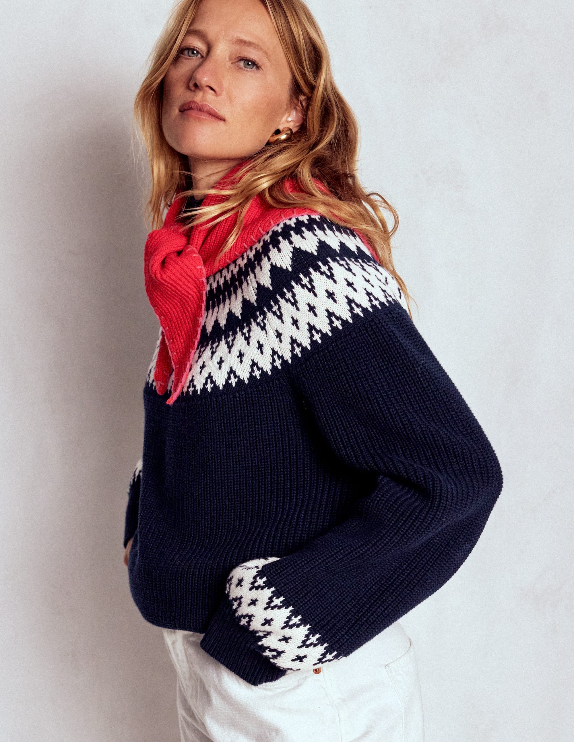 Bianca Cotton High Neck Jumper-Navy Fair Isle - Image 1