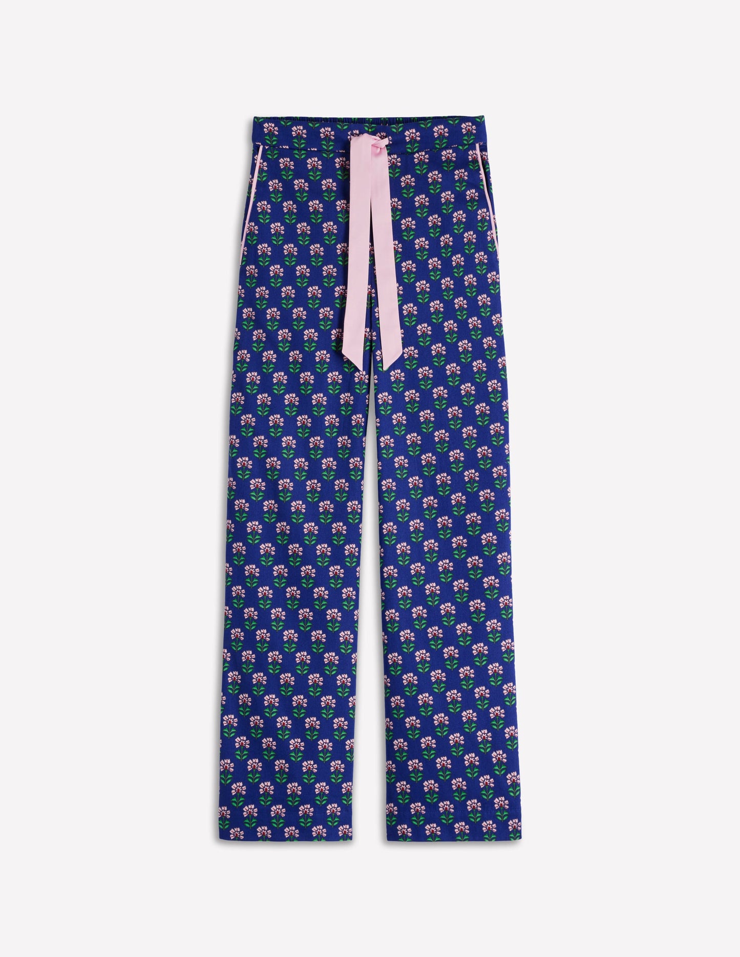 Cotton Pyjama Trousers-Bright Blue, Woodblock Flower