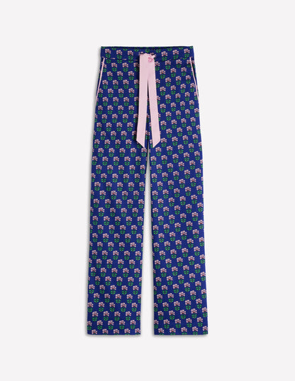 Cotton Pyjama Trousers-Bright Blue, Woodblock Flower-5