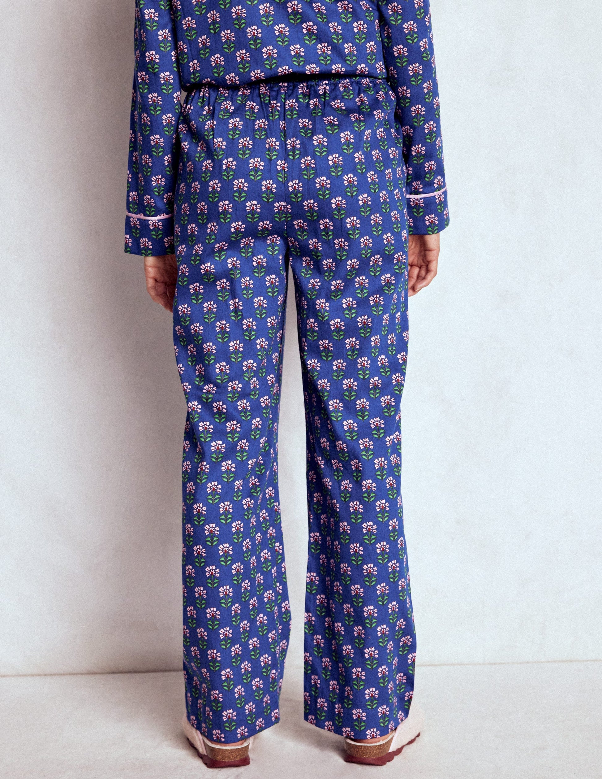 Cotton Pyjama Trousers-Bright Blue, Woodblock Flower-2