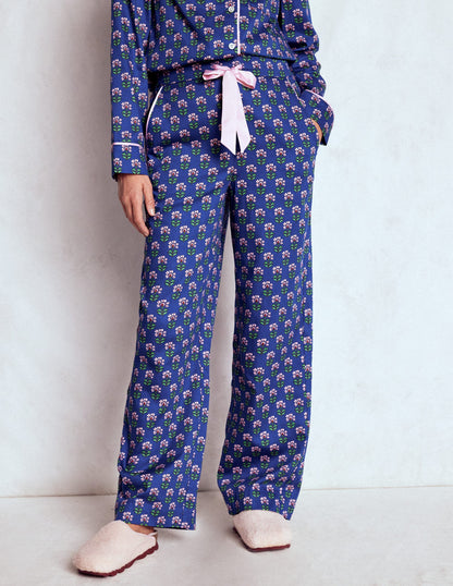 Cotton Pyjama Trousers-Bright Blue, Woodblock Flower-3