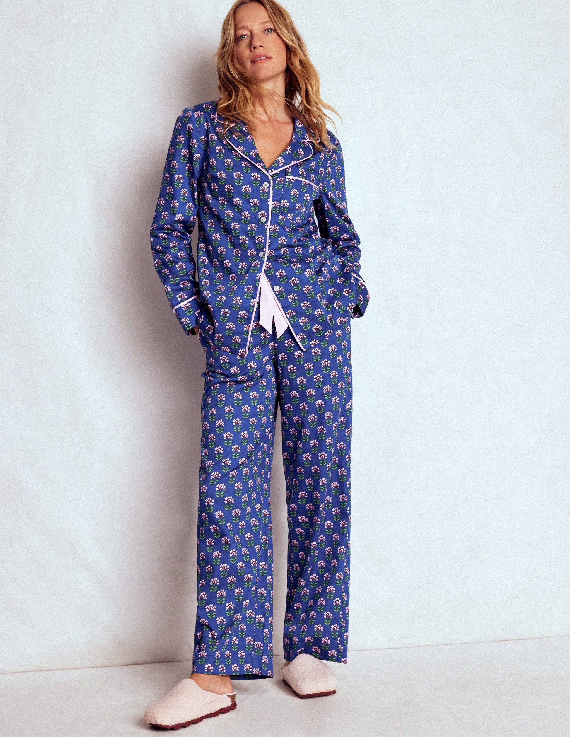 Cotton Pyjama Trousers-Bright Blue, Woodblock Flower-4