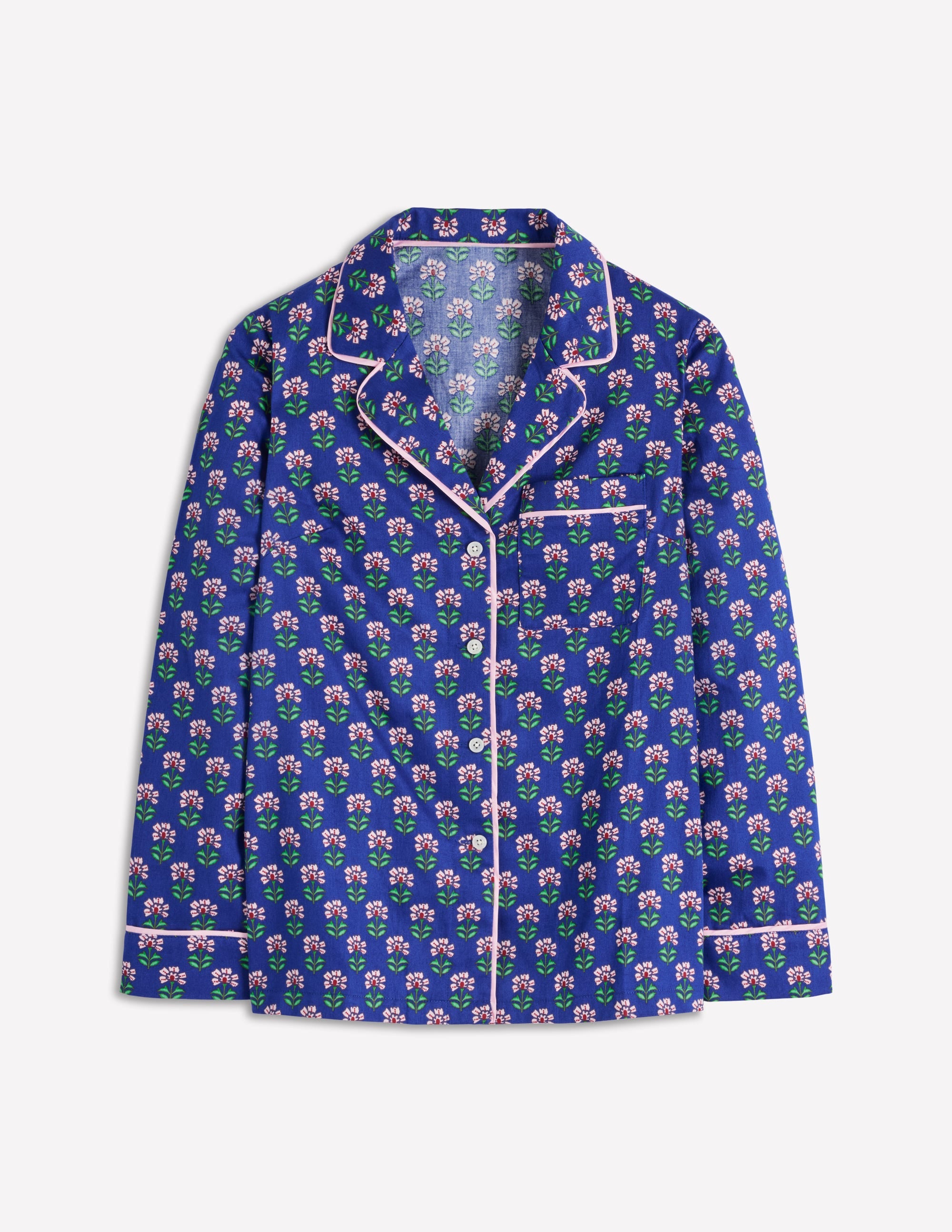 Cotton Pyjama Shirt-Bright Blue, Woodblock Flower - Image 5