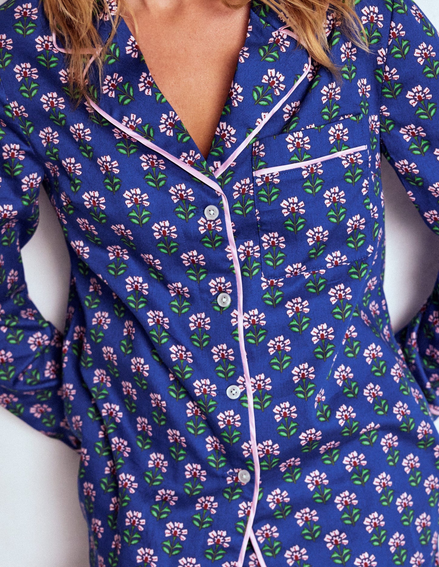 Cotton Pyjama Shirt-Bright Blue, Woodblock Flower