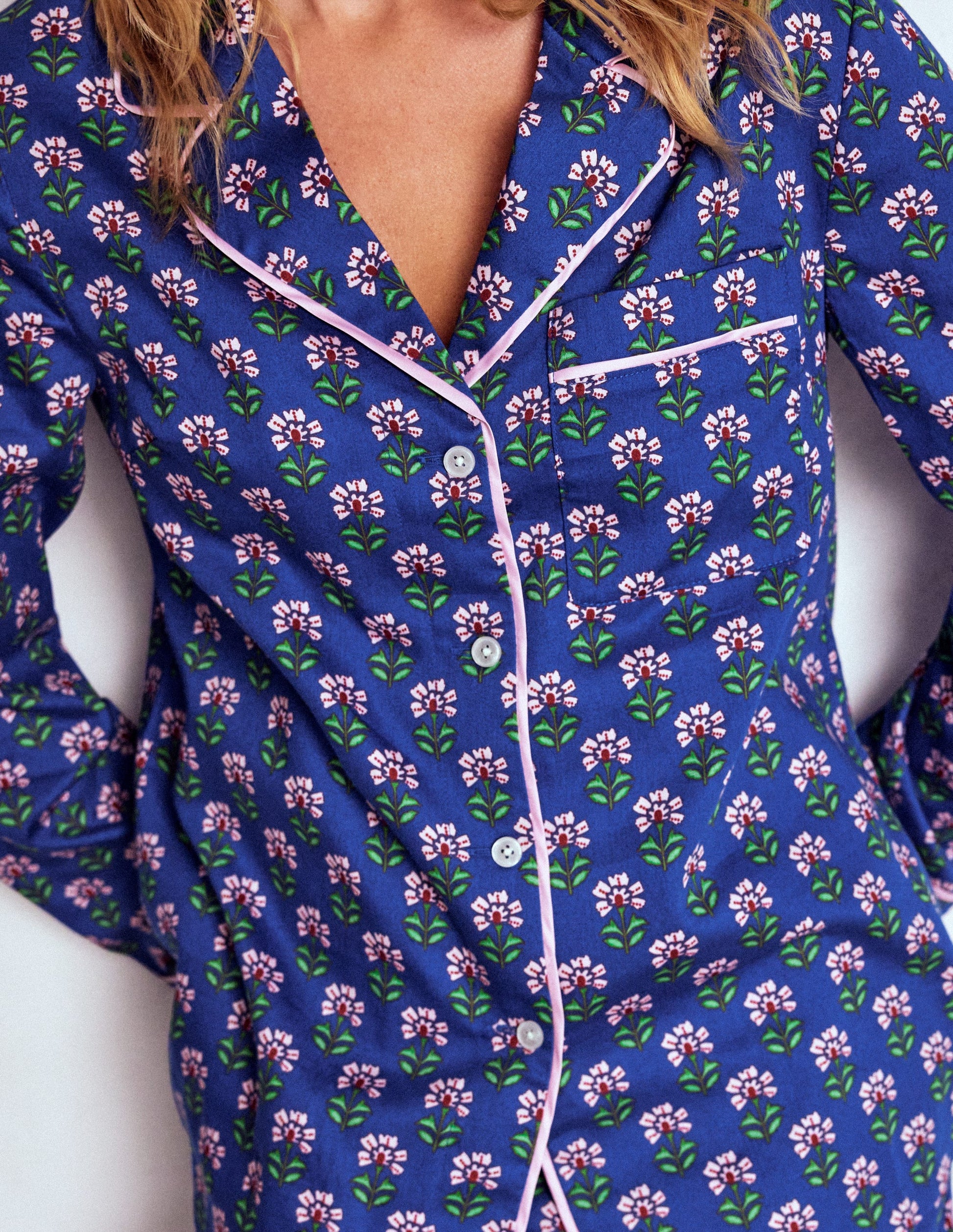 Cotton Pyjama Shirt-Bright Blue, Woodblock Flower-2