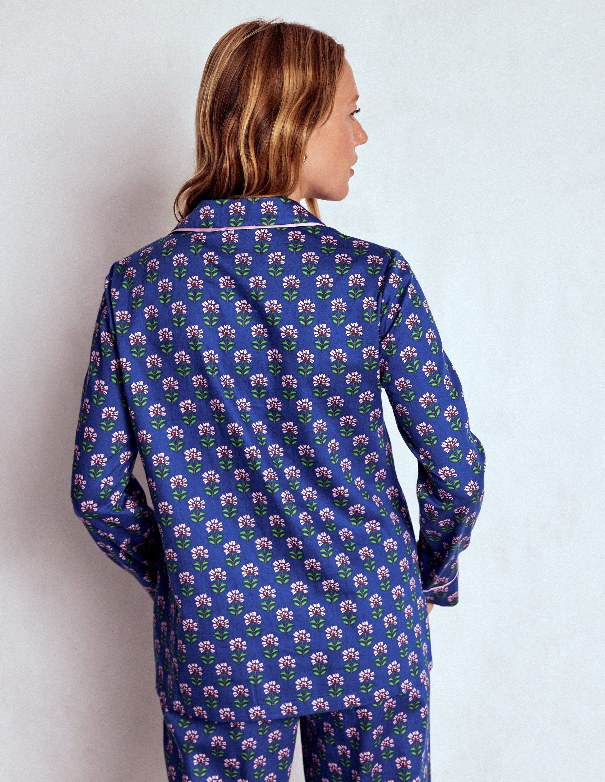 Cotton Pyjama Shirt-Bright Blue, Woodblock Flower-3