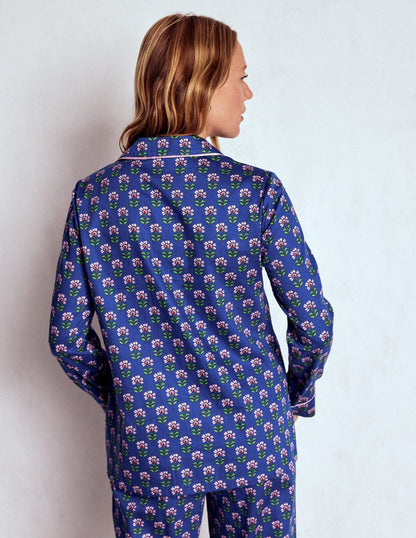 Cotton Pyjama Shirt-Bright Blue, Woodblock Flower-3