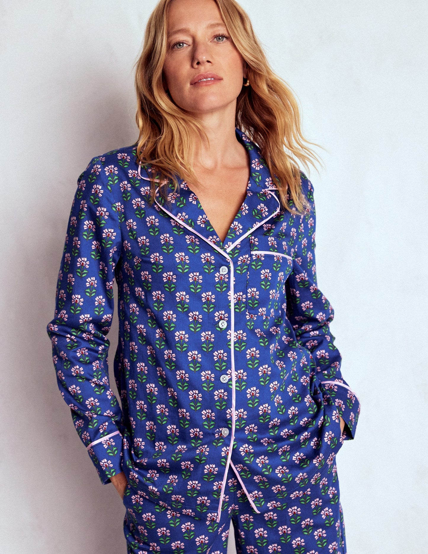 Cotton Pyjama Shirt-Bright Blue, Woodblock Flower