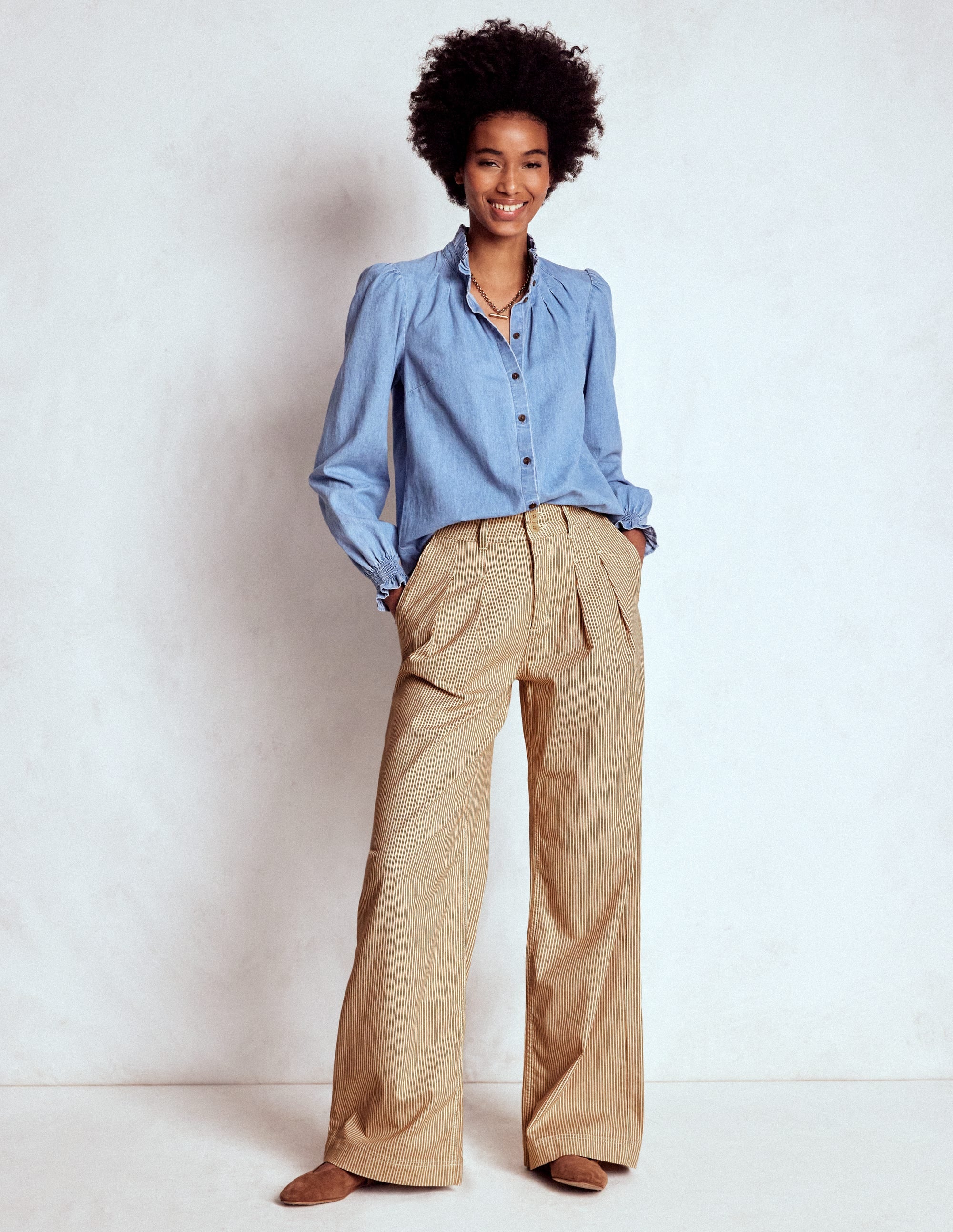 Brompton Wide Leg Trousers-Tan and Ecru Stripe - Image 1