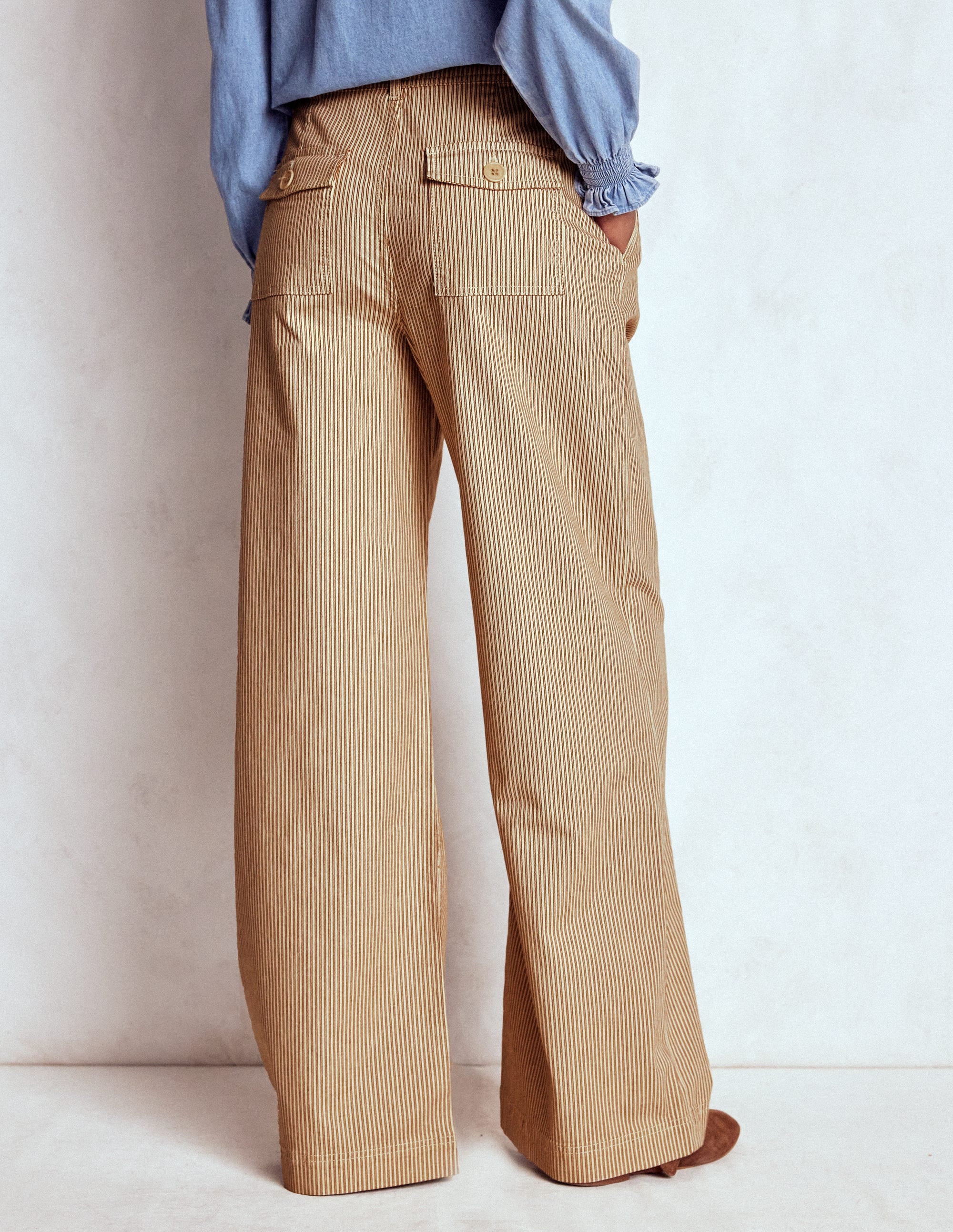 Brompton Wide Leg Trousers-Tan and Ecru Stripe - Image 3