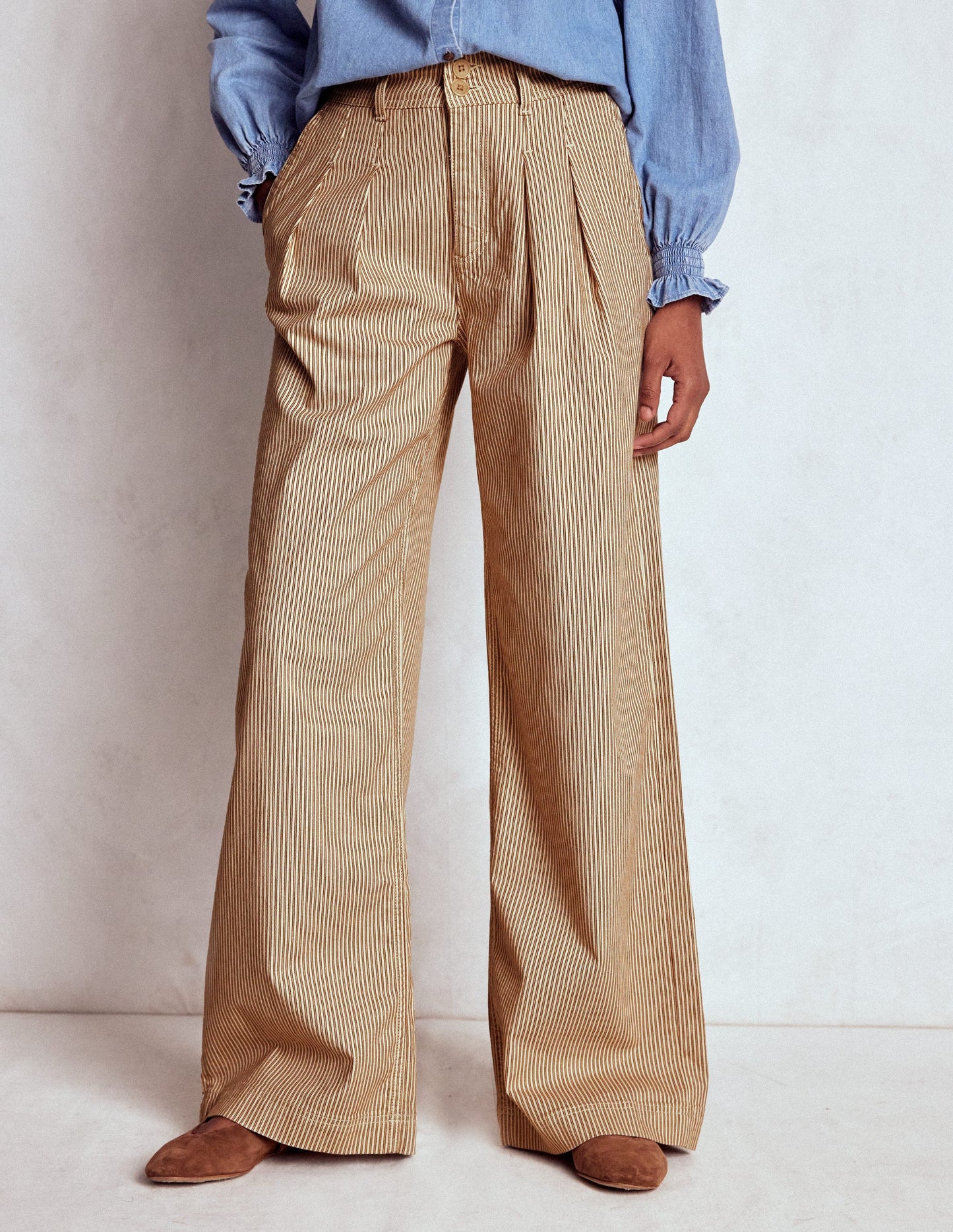 Brompton Wide Leg Trousers-Tan and Ecru Stripe