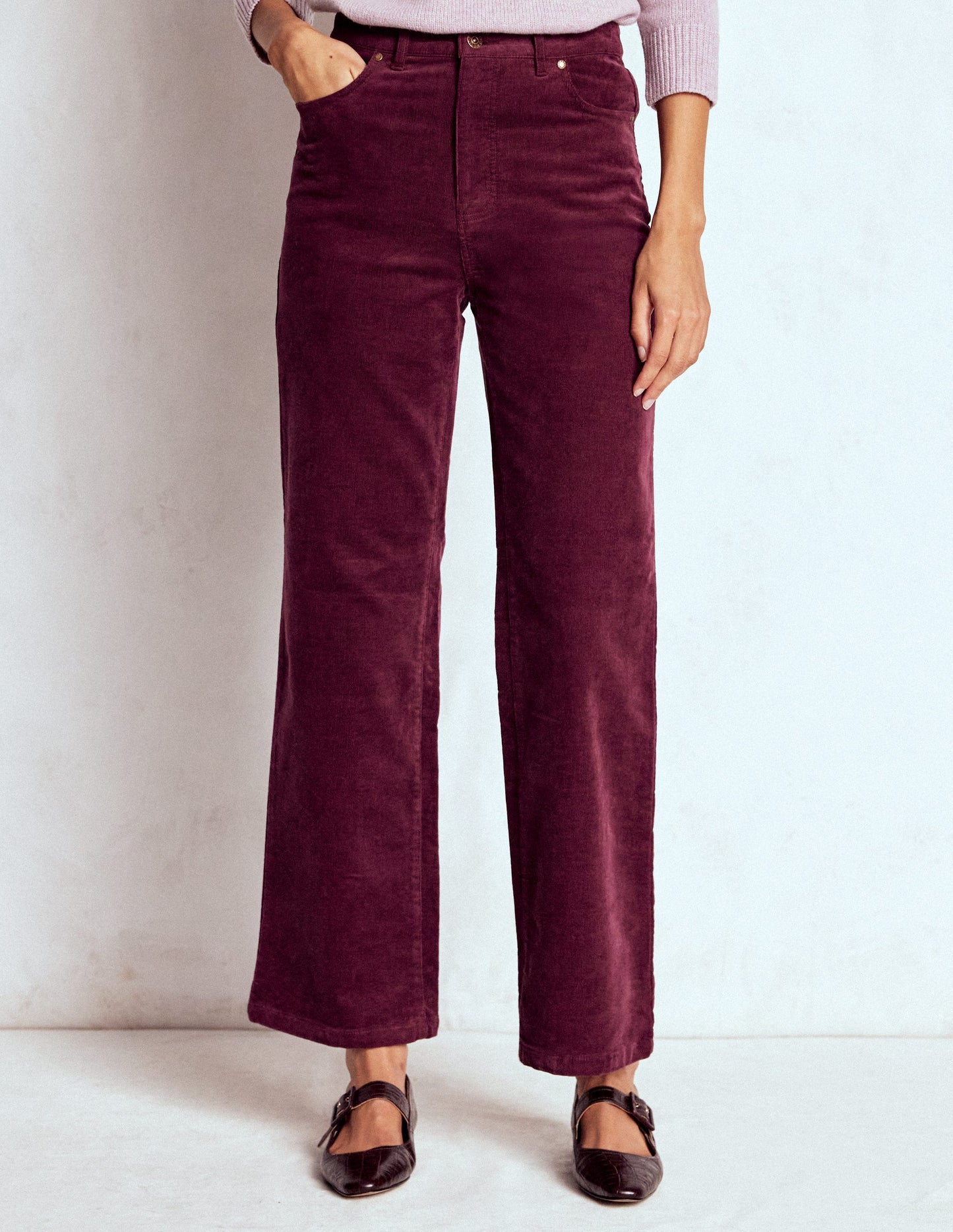 High Rise Cord Column Jeans-Burgundy