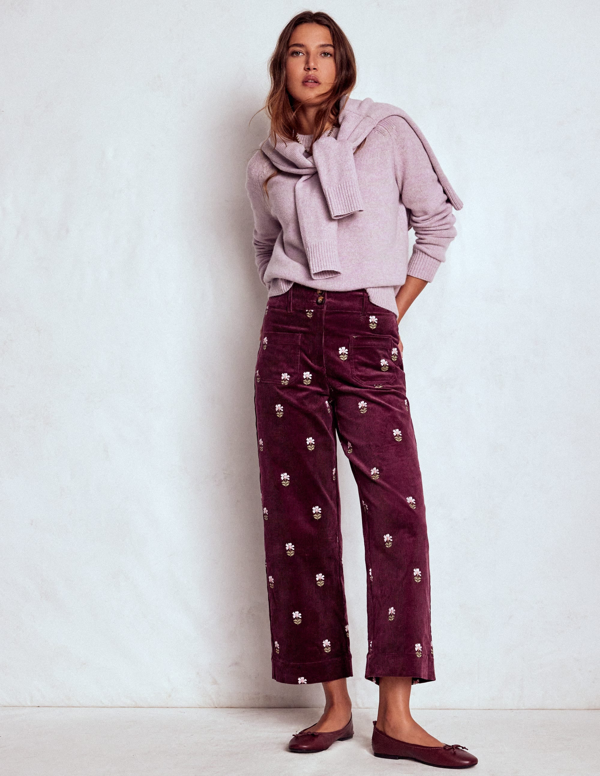 Primrose Cord Trousers-Dark Cherry Embroidery - Image 1