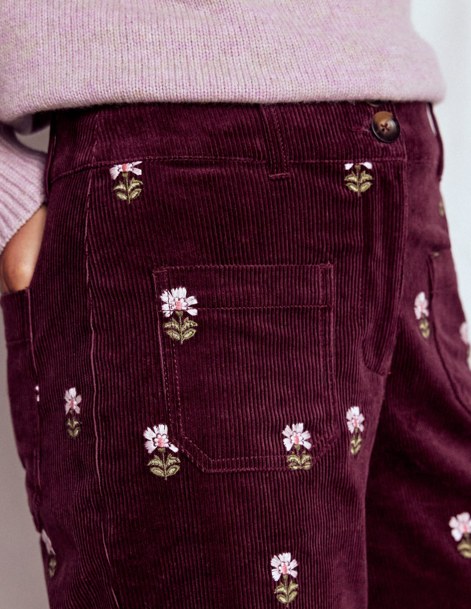 Primrose Cord Trousers-Dark Cherry Embroidery - Image 2